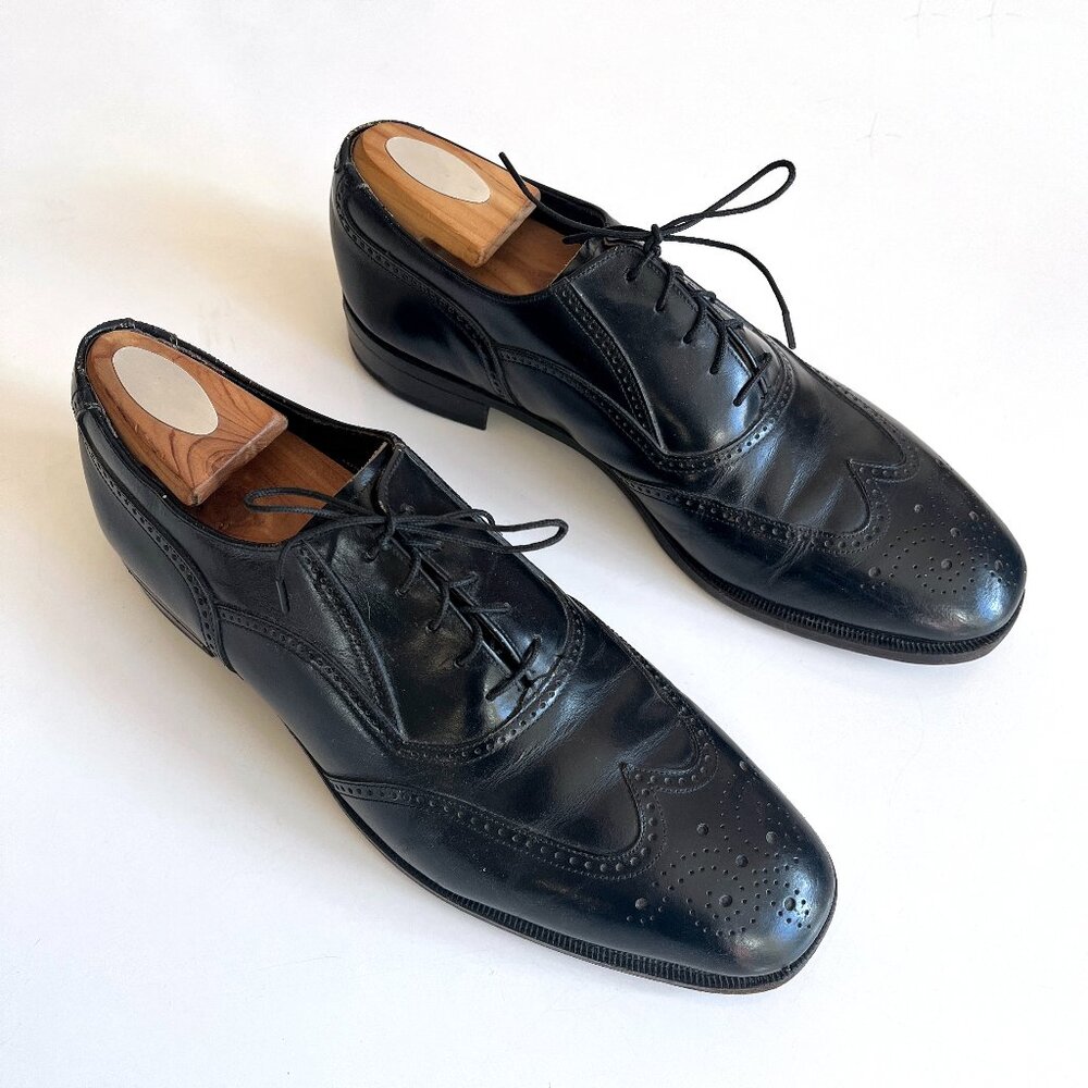 Vintage Mens Florsheim Black Brogued Wingtip Balmoral Oxford Dress Shoes Size 10